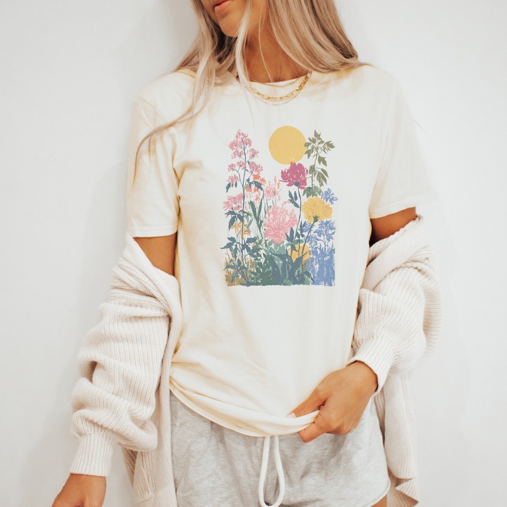 Botanical Garden Graphic Tee Block Print Style Wildflower Art